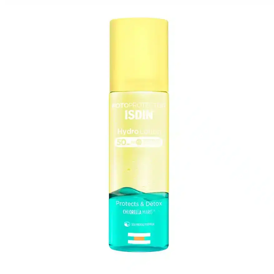 isdin-slancezashtiten-dvufazen-losion-tyalo-spf50 a bottle of lotion