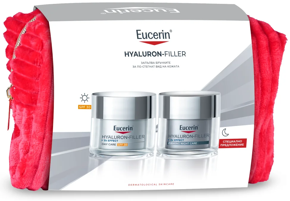 82421 Eucerin® HYALURON-FILLER Комплект при фини линии и бръчки Дневен крем SPF 30 + Нощен крем + несесер